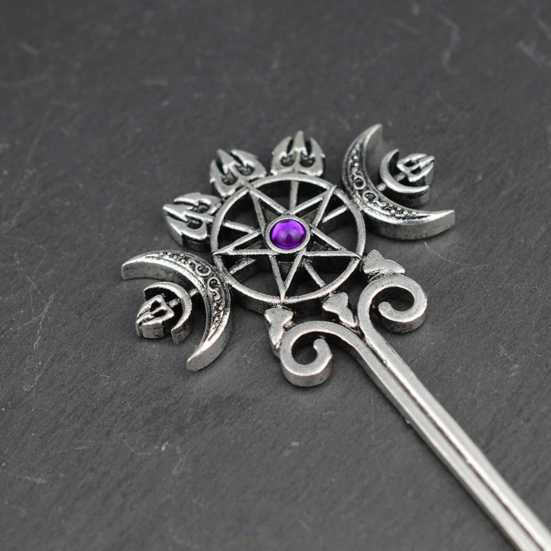Bâtonnets à cheveux Dragon éthique, hache argentée, épée, accessoires pour cheveux, sorcière, serpent, Triple lune, pentagramme, épingle à cheveux