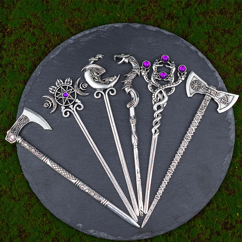 Bâtonnets à cheveux Dragon éthique, hache argentée, épée, accessoires pour cheveux, sorcière, serpent, Triple lune, pentagramme, épingle à cheveux