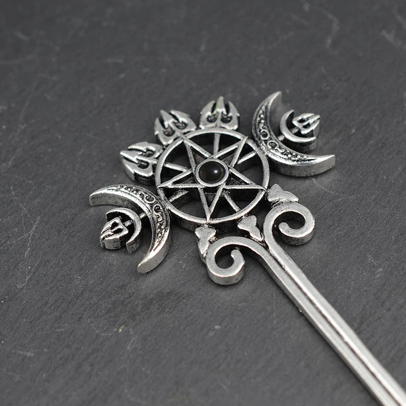 Bâtonnets à cheveux Dragon éthique, hache argentée, épée, accessoires pour cheveux, sorcière, serpent, Triple lune, pentagramme, épingle à cheveux