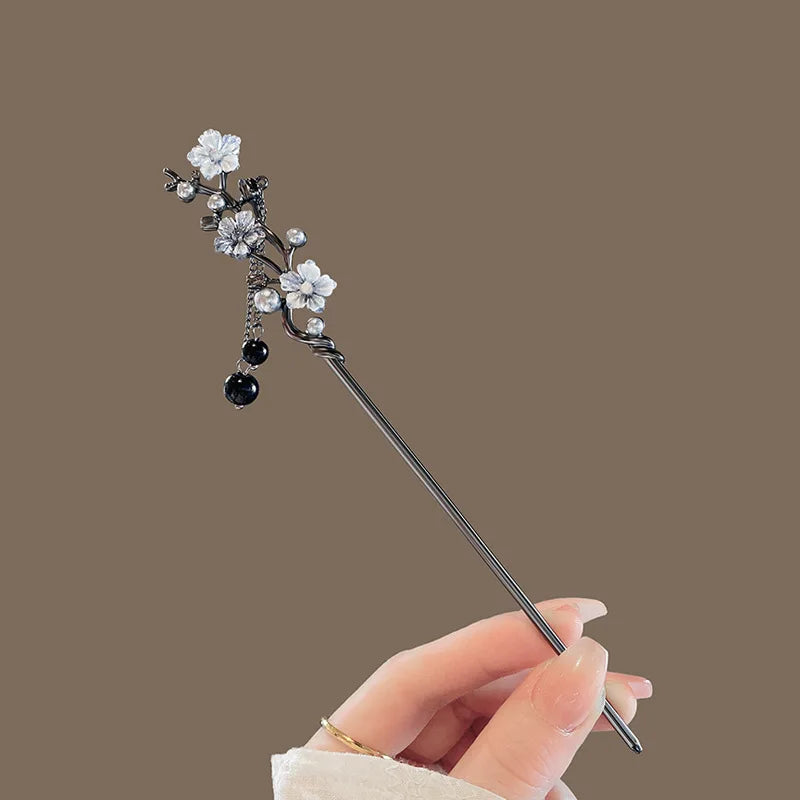 Épingle à cheveux à franges en métal pour femmes, anciers de cheveux moderne, fleur d'encre, pompon, fourcommuniste, perles noires, fermoir à cheveux, nouveaux bijoux de cheveux chinois Hanfu