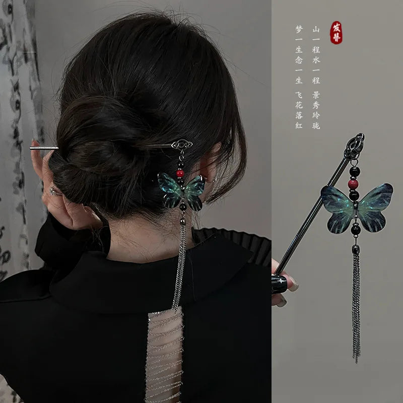 Épingle à cheveux pour femmes, fleur, pompon, perles noires