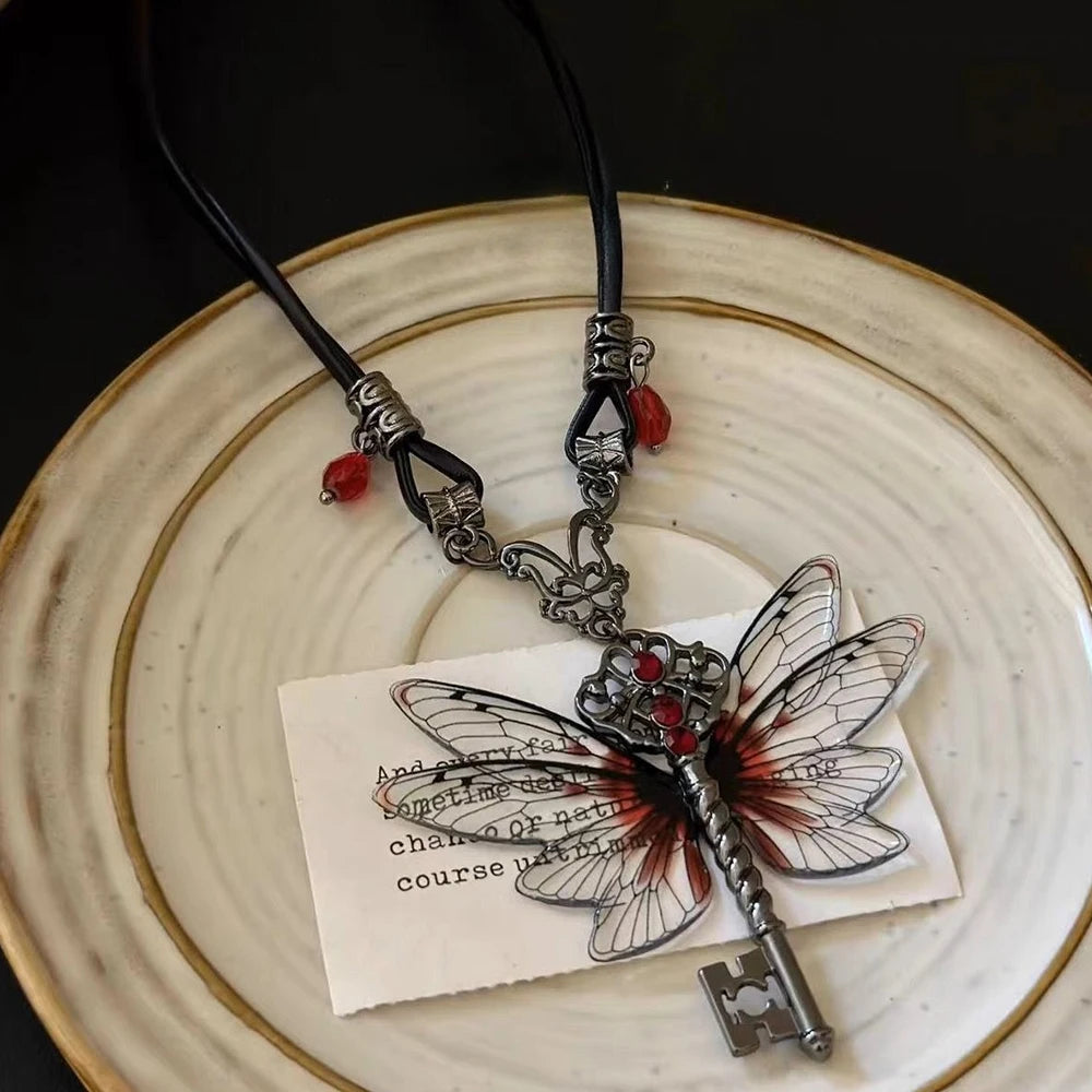 Collier libellule pendentif clé, chaîne en cuir, corde ras du cou, Hip Hop, Zircon, bijoux, accessoires d'halloween