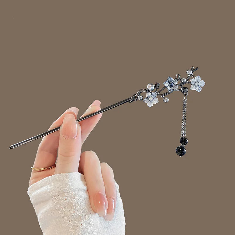 Épingle à cheveux pour femmes, fleur, pompon, perles noires