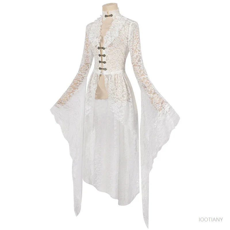 Cardigan gothique en dentelle unie pour femmes, blanc, Vintage, manches trompette, médiéval, Cosplay pour adultes, manteau élégant à longue queue, robe de bal victorienne