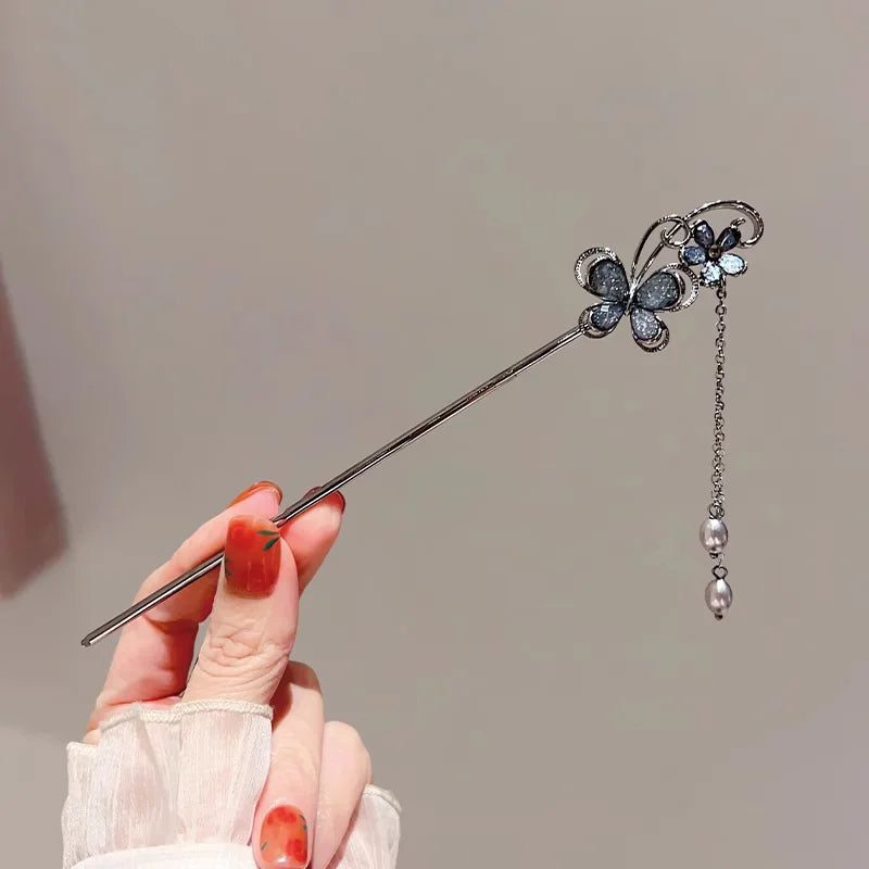 Épingle à cheveux pour femmes, fleur, pompon, perles noires