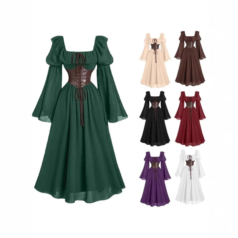 Robe longue Vintage pour femmes, style médiéval, européen et américain, Halloween, manches en corne, taille, col carré, manches chauve-souris, nouvelle collection
