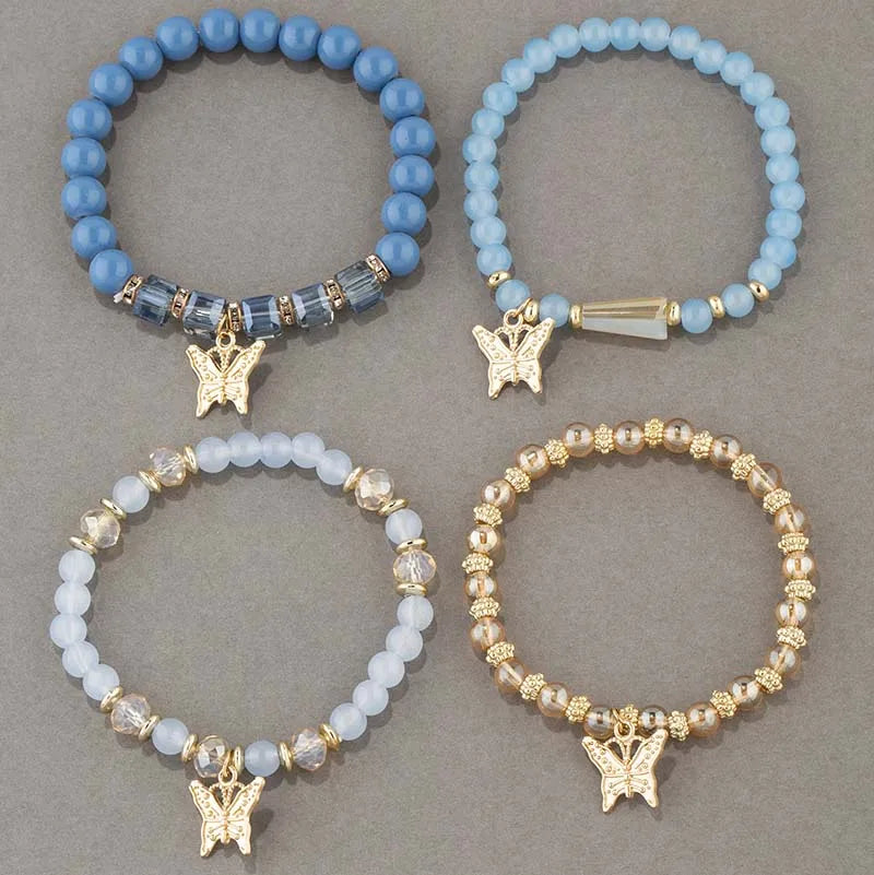 Ensemble de bracelets en perles papillon pour femmes, 4 pièces, tendance, perles acryliques roses, chaîne élastique, bohème, bijoux de fête, cadeau