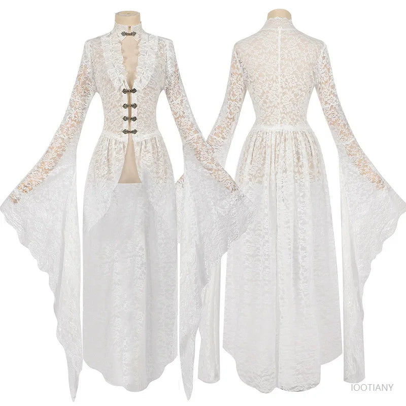 Cardigan gothique en dentelle unie pour femmes, blanc, Vintage, manches trompette, médiéval, Cosplay pour adultes, manteau élégant à longue queue, robe de bal victorienne
