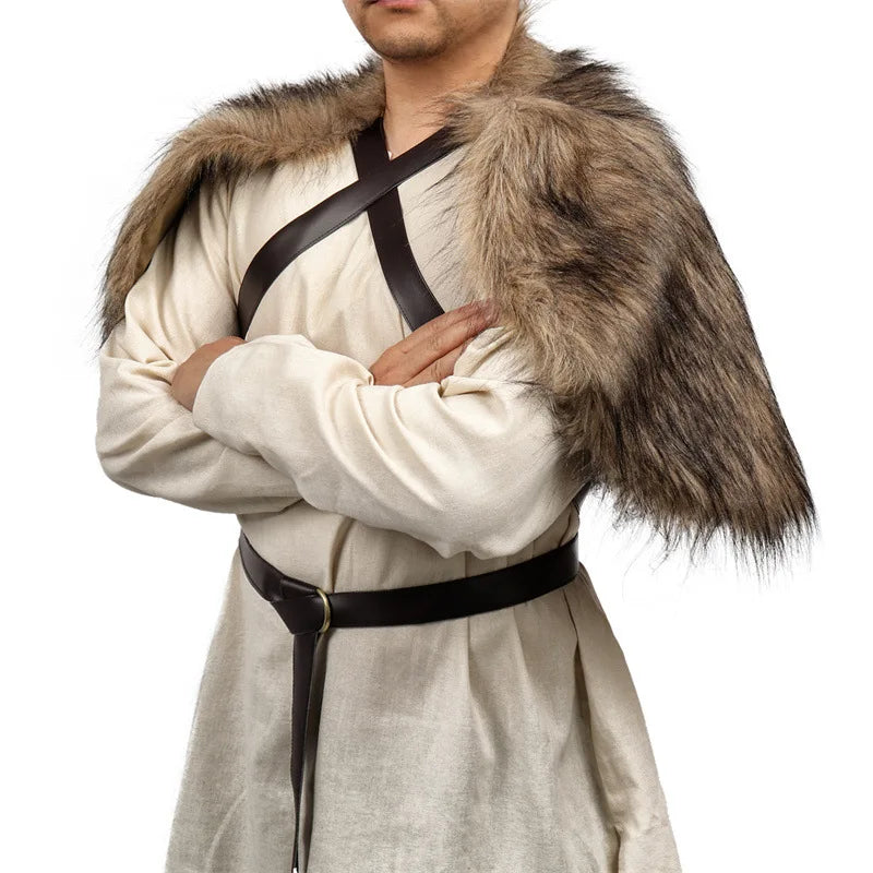 Cape à col en fourrure, vêtements d'hiver médiévaux, roi guerrier Viking, châle en fourrure avec sangle de poitrine, Cape en fausse fourrure, Costume de Cosplay d'halloween