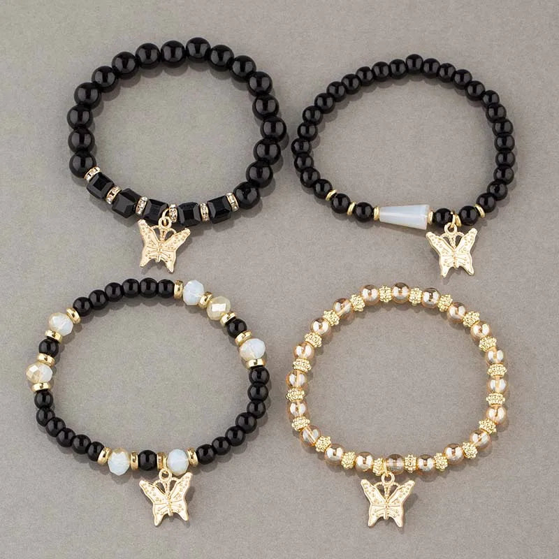 Ensemble de bracelets en perles papillon pour femmes, 4 pièces, tendance, perles acryliques roses, chaîne élastique, bohème, bijoux de fête, cadeau