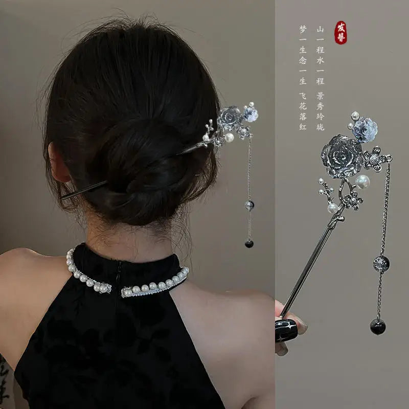 Épingle à cheveux à franges en métal pour femmes, anciers de cheveux moderne, fleur d'encre, pompon, fourcommuniste, perles noires, fermoir à cheveux, nouveaux bijoux de cheveux chinois Hanfu