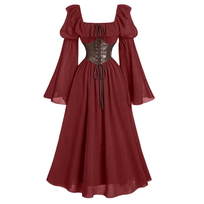Robe longue Vintage pour femmes, style médiéval, européen et américain, Halloween, manches en corne, taille, col carré, manches chauve-souris, nouvelle collection