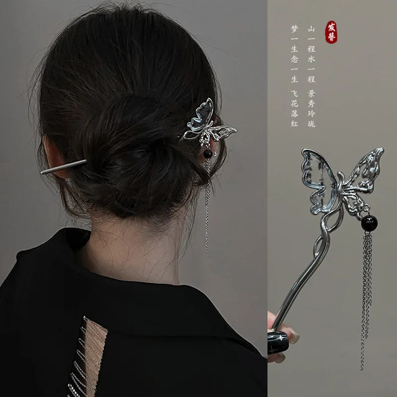 Épingle à cheveux à franges en métal pour femmes, anciers de cheveux moderne, fleur d'encre, pompon, fourcommuniste, perles noires, fermoir à cheveux, nouveaux bijoux de cheveux chinois Hanfu