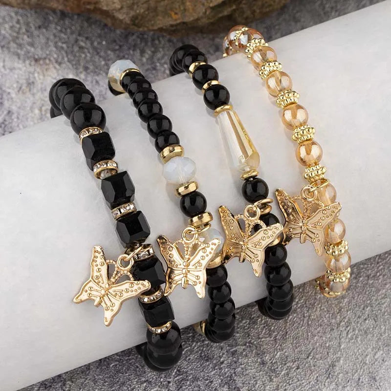 Ensemble de bracelets en perles papillon pour femmes, 4 pièces, tendance, perles acryliques roses, chaîne élastique, bohème, bijoux de fête, cadeau