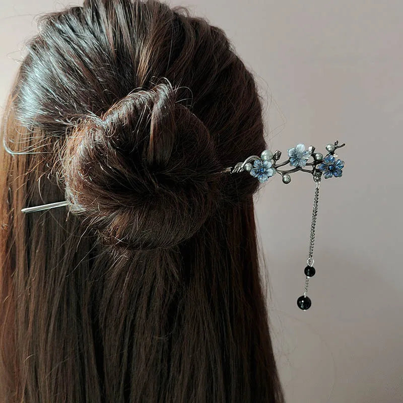 Épingle à cheveux pour femmes, fleur, pompon, perles noires