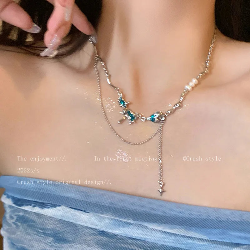 Kpop – collier étoile brillante pour femmes, pendentif croix en cristal Zircon Y2K, chaîne de clavicule couleur argent Antique pour filles