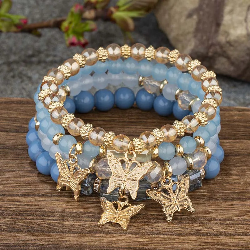 Ensemble de bracelets en perles papillon pour femmes, 4 pièces, tendance, perles acryliques roses, chaîne élastique, bohème, bijoux de fête, cadeau