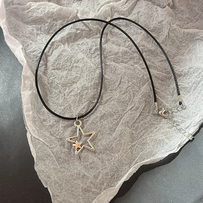 Collier Vintage avec pendentif étoile en corde de cuir pour femmes et hommes, couleur argent Antique, accessoires de bijoux esthétique Y2k