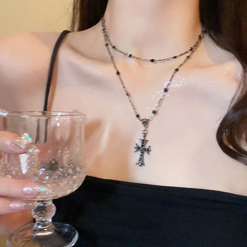 Kpop – collier étoile brillante pour femmes, pendentif croix en cristal Zircon Y2K, chaîne de clavicule couleur argent Antique pour filles