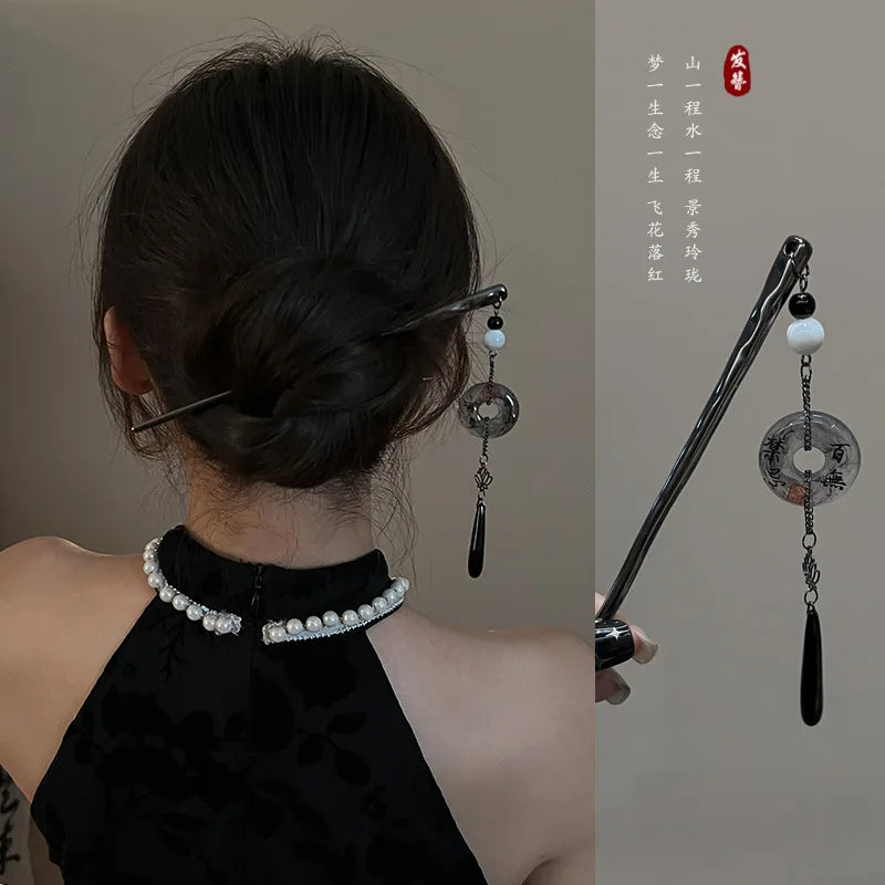 Épingle à cheveux à franges en métal pour femmes, anciers de cheveux moderne, fleur d'encre, pompon, fourcommuniste, perles noires, fermoir à cheveux, nouveaux bijoux de cheveux chinois Hanfu