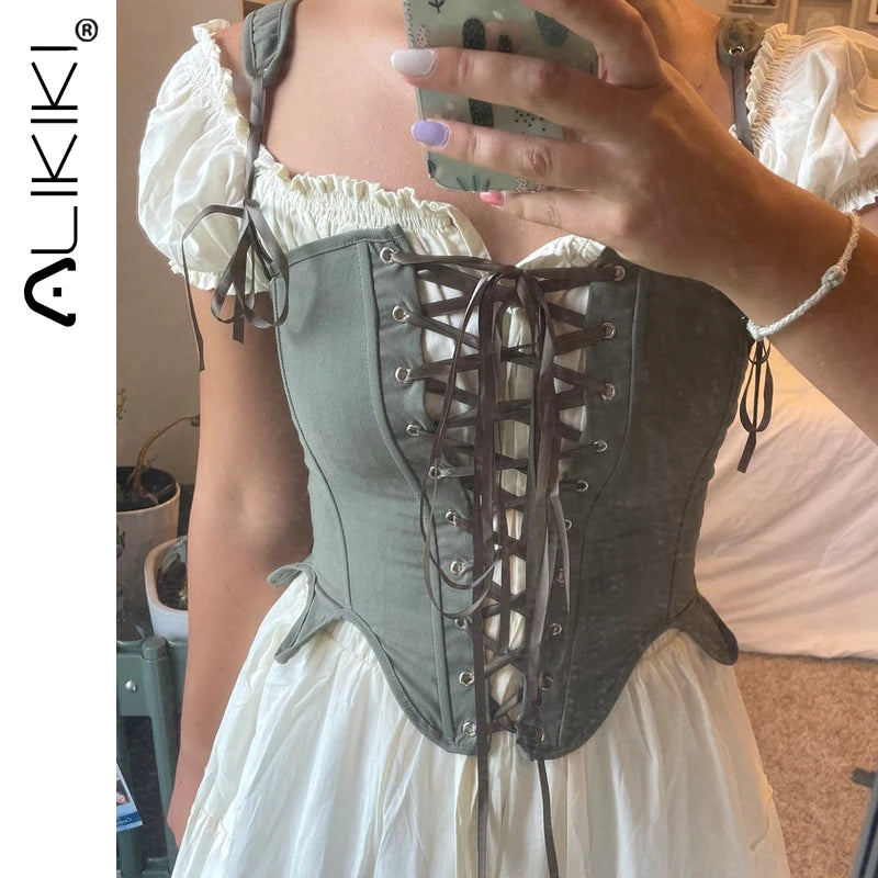 Corset Vintage de la Renaissance médiévale, Bustier court, Camisole à lacets, Ren Faire, noir et blanc, Costume de Festival