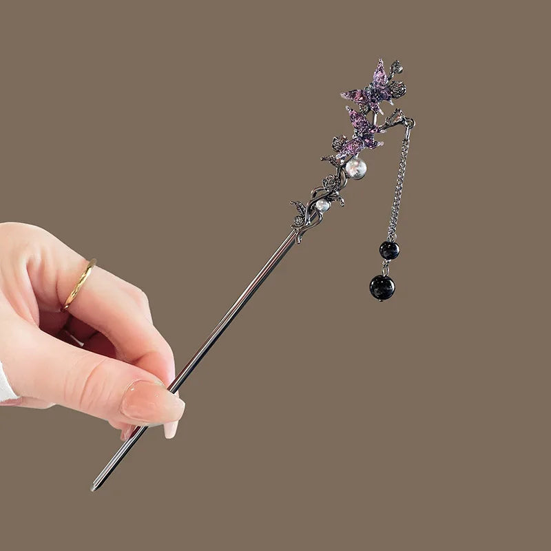 Épingle à cheveux pour femmes, fleur, pompon, perles noires