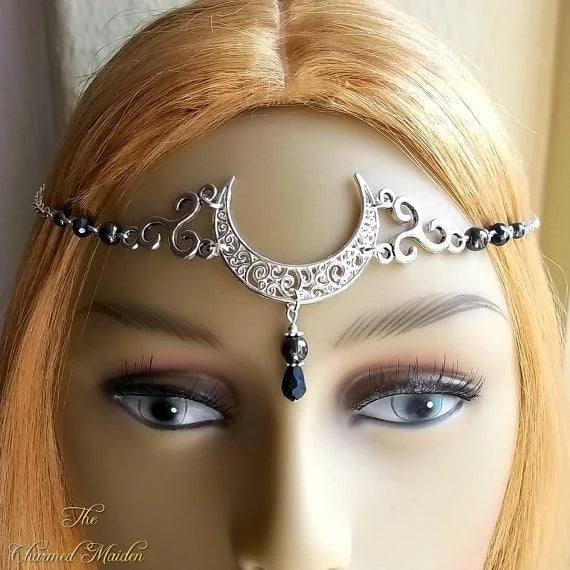Coiffure Wicca Moon & Triskele, chaîne de tête gothique, cercle de lune, coiffure païenne, chaîne de tête Wiccan, sorcière, mariage Wicca, Goth