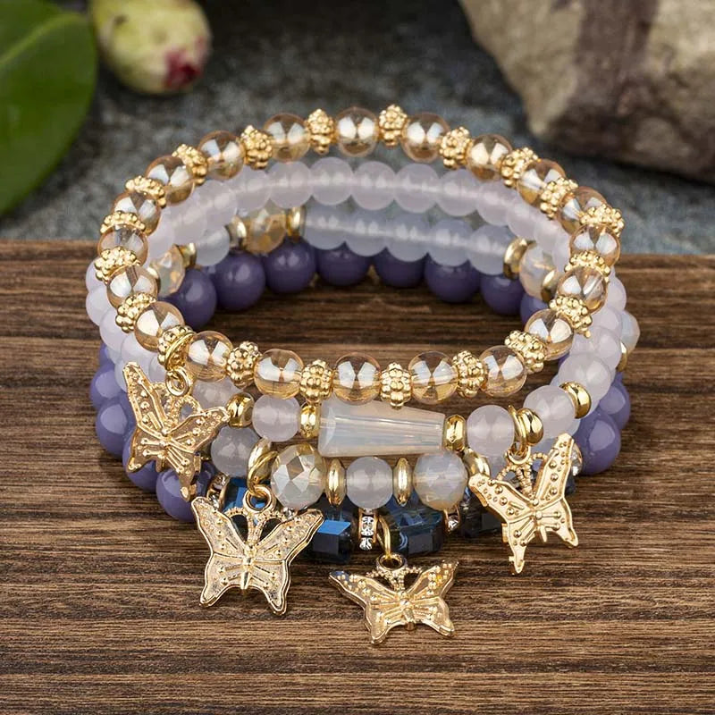 Ensemble de bracelets en perles papillon pour femmes, 4 pièces, tendance, perles acryliques roses, chaîne élastique, bohème, bijoux de fête, cadeau