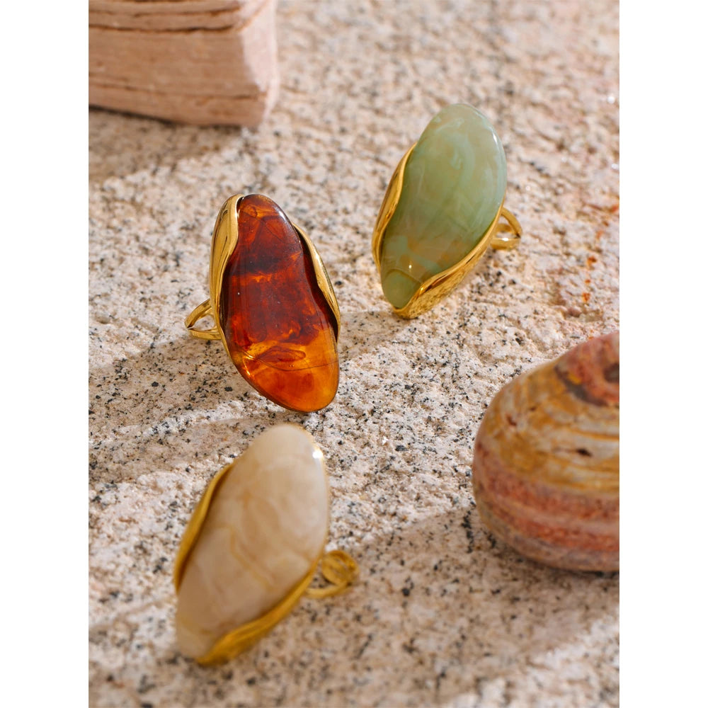 Yhpup nouveau Design marron vert Beige résine géométrique réglable anneau doré PVD acier inoxydable antirouille doigt bijoux cadeau