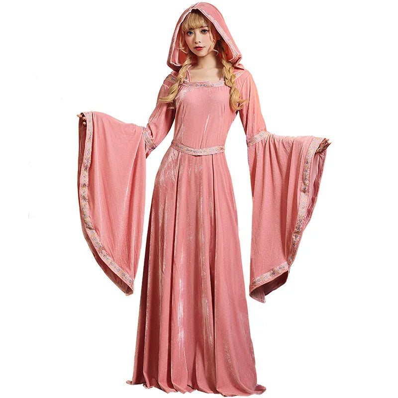 Robe Punk Vintage Médiévale pour Femme et Fille, Manches sulf, Col Carré, Capuche, Longueur au Sol, Renaissance, Gothique, Cosplay, Halloween