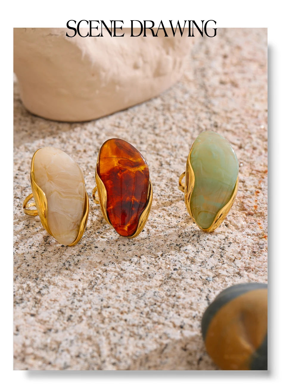 Yhpup nouveau Design marron vert Beige résine géométrique réglable anneau doré PVD acier inoxydable antirouille doigt bijoux cadeau
