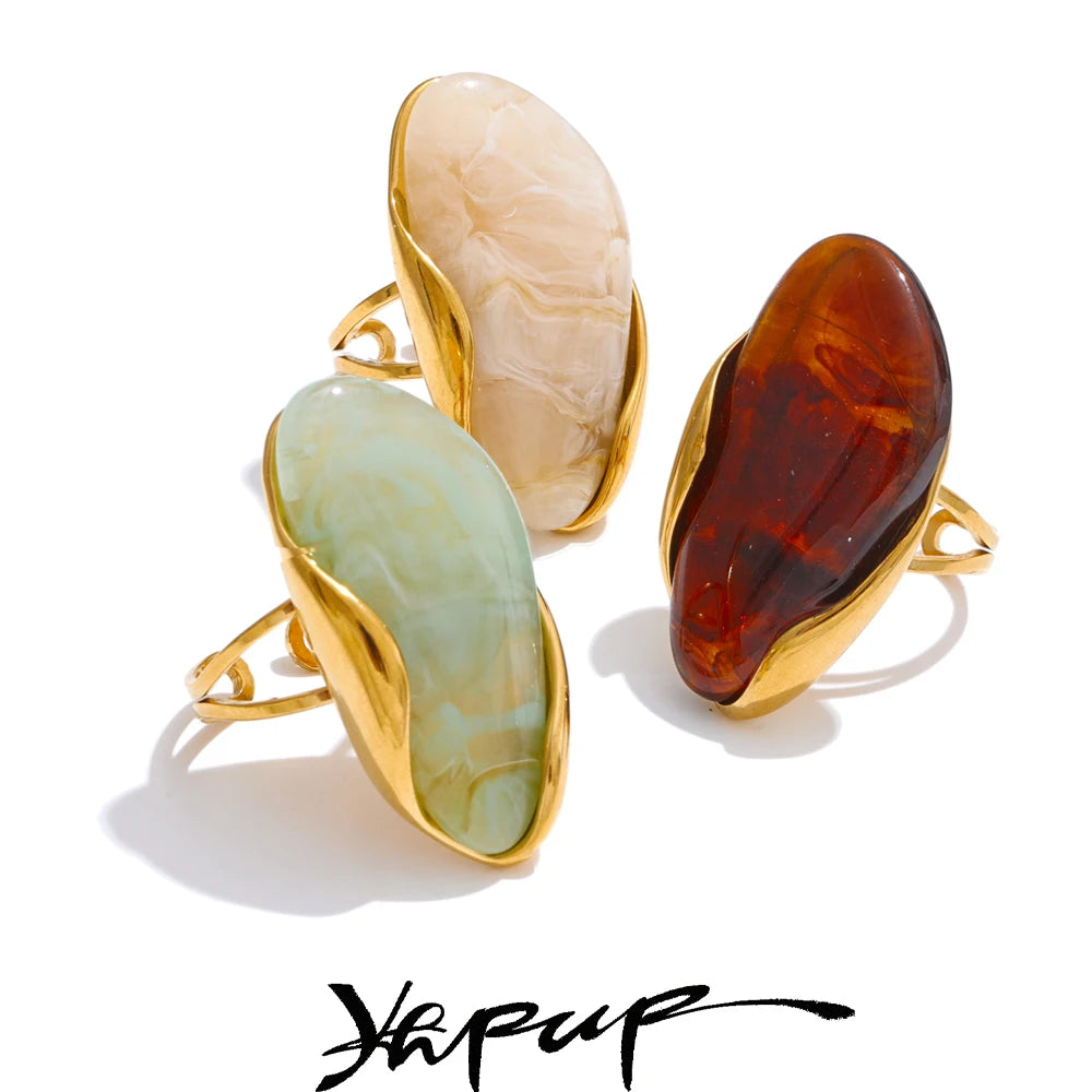 Yhpup nouveau Design marron vert Beige résine géométrique réglable anneau doré PVD acier inoxydable antirouille doigt bijoux cadeau