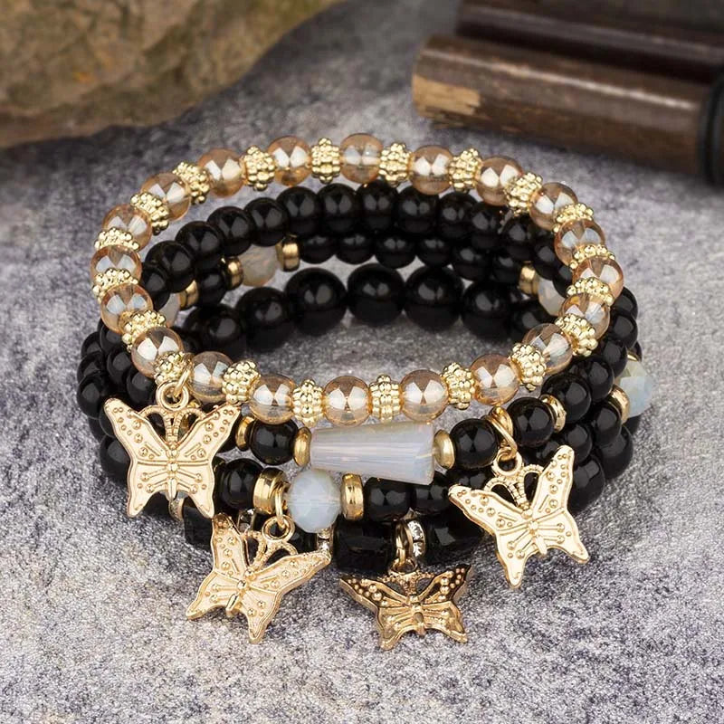 Ensemble de bracelets en perles papillon pour femmes, 4 pièces, tendance, perles acryliques roses, chaîne élastique, bohème, bijoux de fête, cadeau