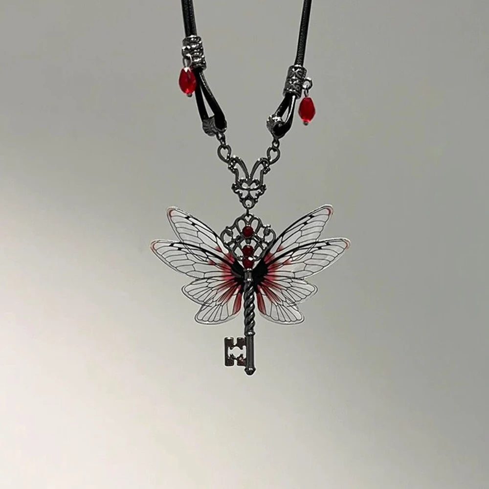 Collier libellule pendentif clé, chaîne en cuir, corde ras du cou, Hip Hop, Zircon, bijoux, accessoires d'halloween