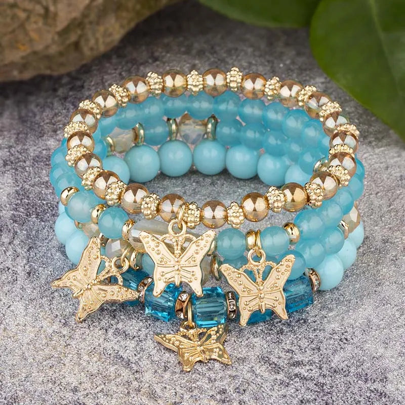 Ensemble de bracelets en perles papillon pour femmes, 4 pièces, tendance, perles acryliques roses, chaîne élastique, bohème, bijoux de fête, cadeau