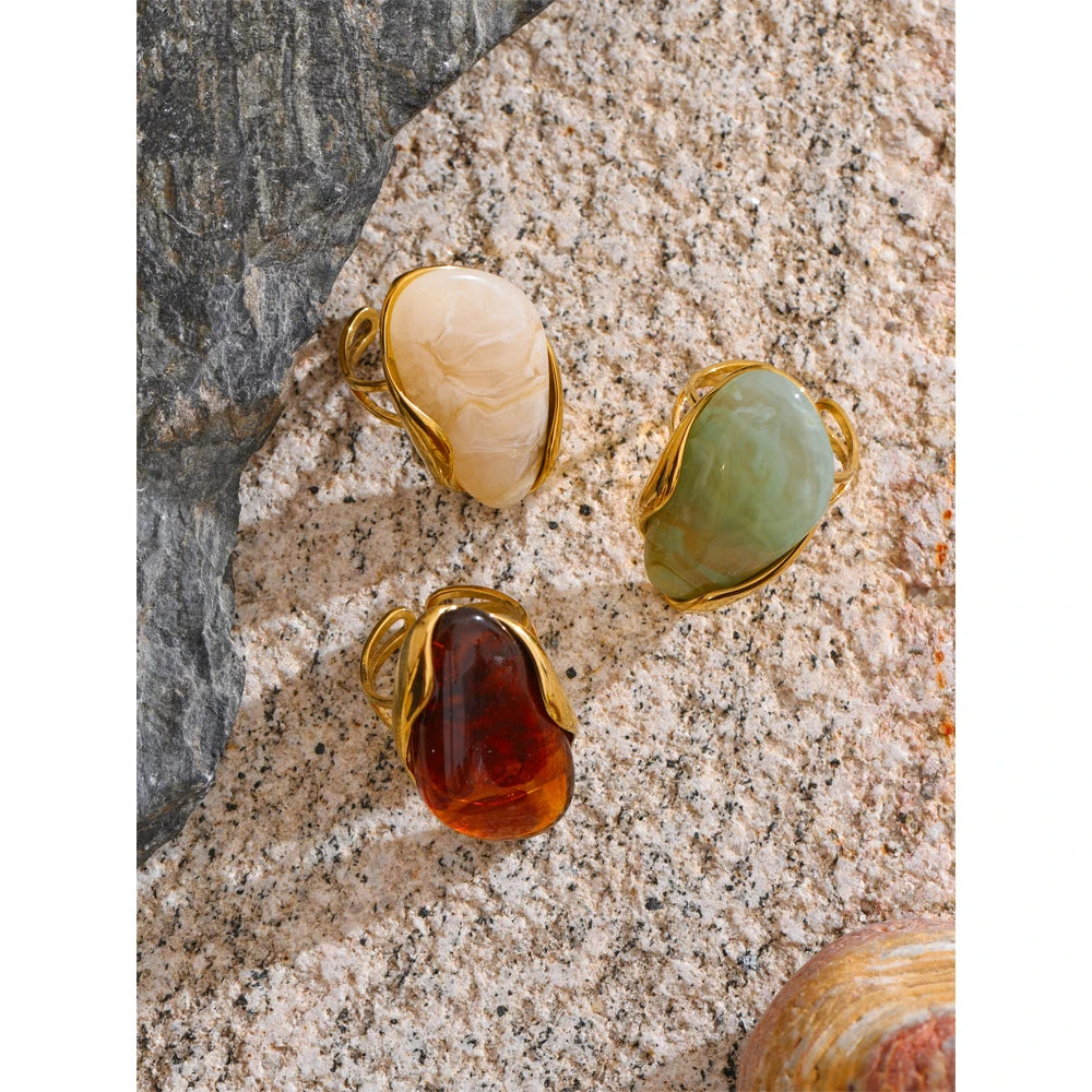 Yhpup nouveau Design marron vert Beige résine géométrique réglable anneau doré PVD acier inoxydable antirouille doigt bijoux cadeau