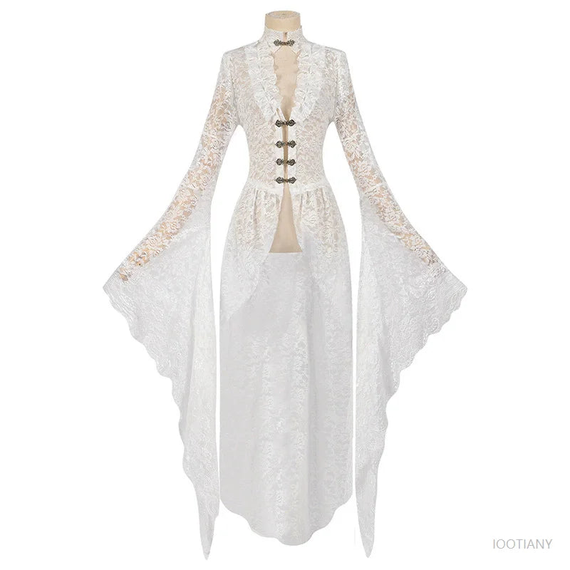 Cardigan gothique en dentelle unie pour femmes, blanc, Vintage, manches trompette, médiéval, Cosplay pour adultes, manteau élégant à longue queue, robe de bal victorienne