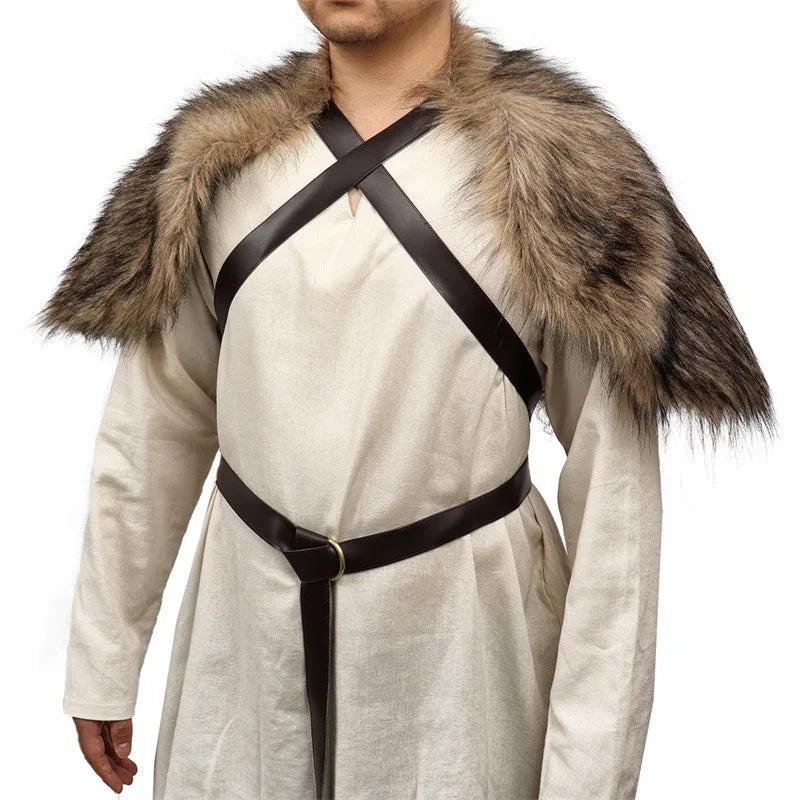 Cape à col en fourrure, vêtements d'hiver médiévaux, roi guerrier Viking, châle en fourrure avec sangle de poitrine, Cape en fausse fourrure, Costume de Cosplay d'halloween