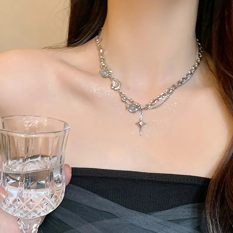 Kpop – collier étoile brillante pour femmes, pendentif croix en cristal Zircon Y2K, chaîne de clavicule couleur argent Antique pour filles