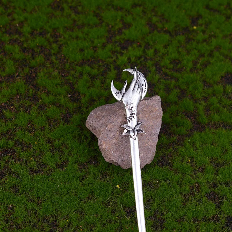 Bâtonnets à cheveux Dragon éthique, hache argentée, épée, accessoires pour cheveux, sorcière, serpent, Triple lune, pentagramme, épingle à cheveux