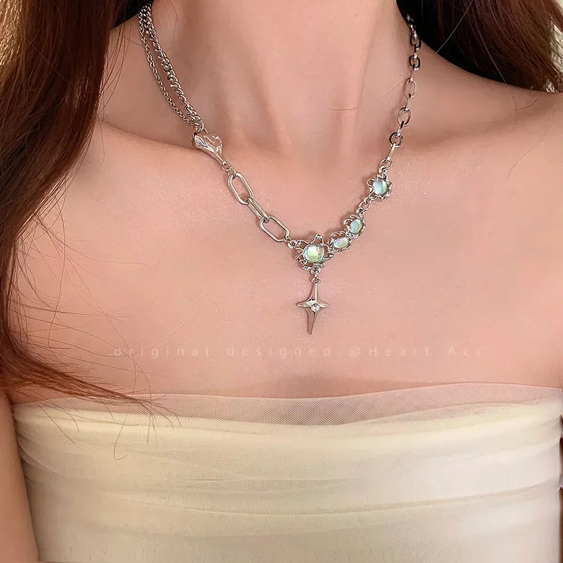 Kpop – collier étoile brillante pour femmes, pendentif croix en cristal Zircon Y2K, chaîne de clavicule couleur argent Antique pour filles