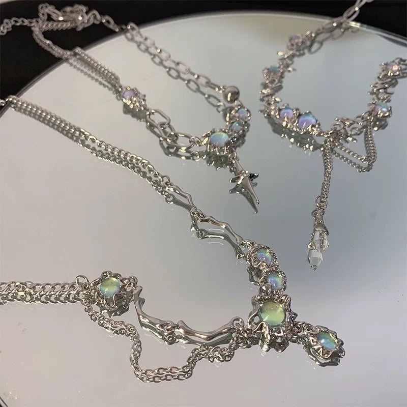 Kpop – collier étoile brillante pour femmes, pendentif croix en cristal Zircon Y2K, chaîne de clavicule couleur argent Antique pour filles