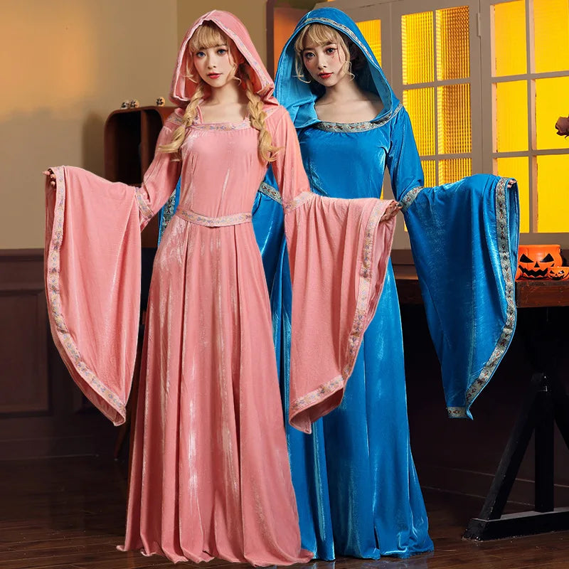 Robe Punk Vintage Médiévale pour Femme et Fille, Manches sulf, Col Carré, Capuche, Longueur au Sol, Renaissance, Gothique, Cosplay, Halloween