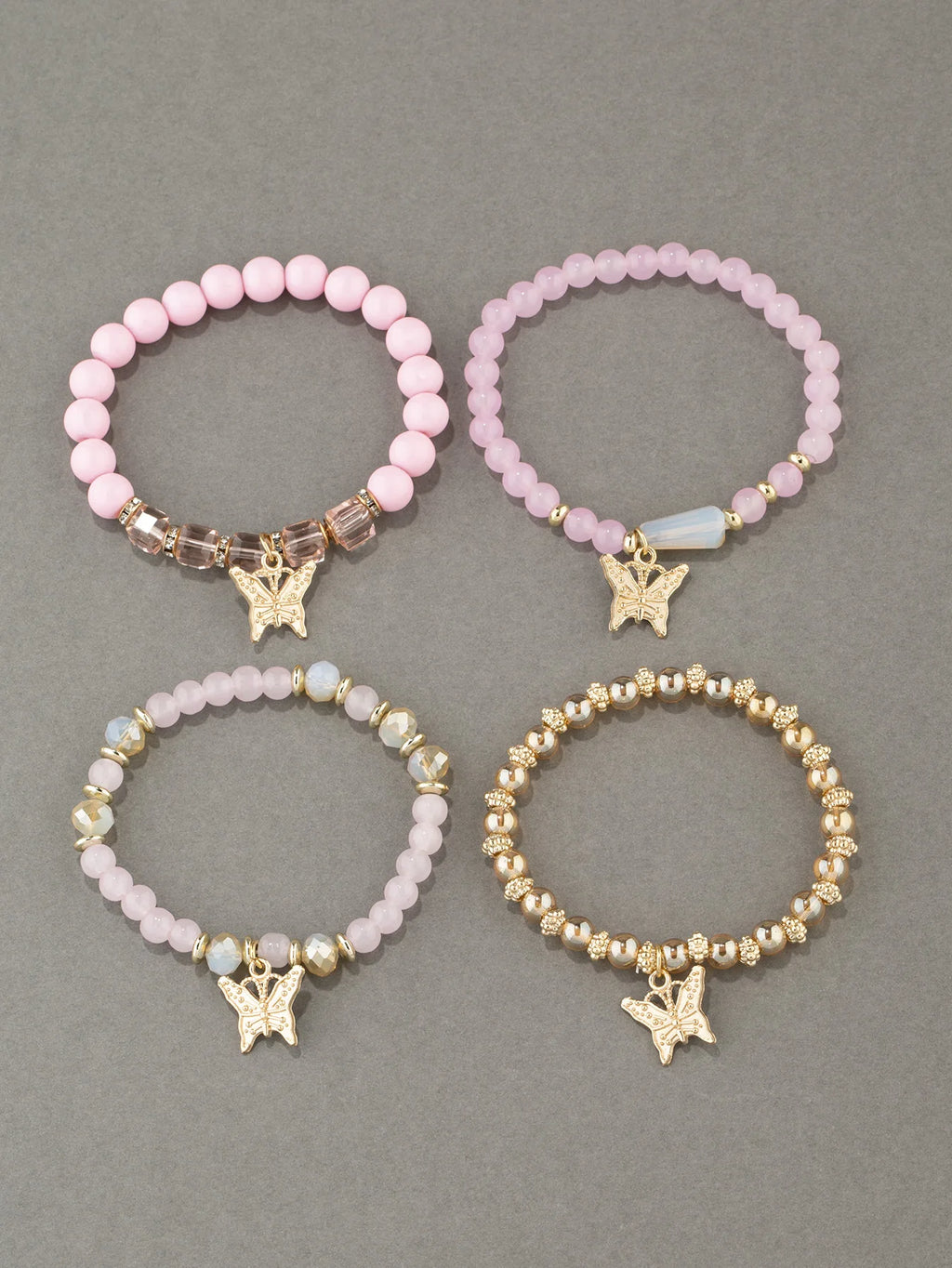 Ensemble de bracelets en perles papillon pour femmes, 4 pièces, tendance, perles acryliques roses, chaîne élastique, bohème, bijoux de fête, cadeau