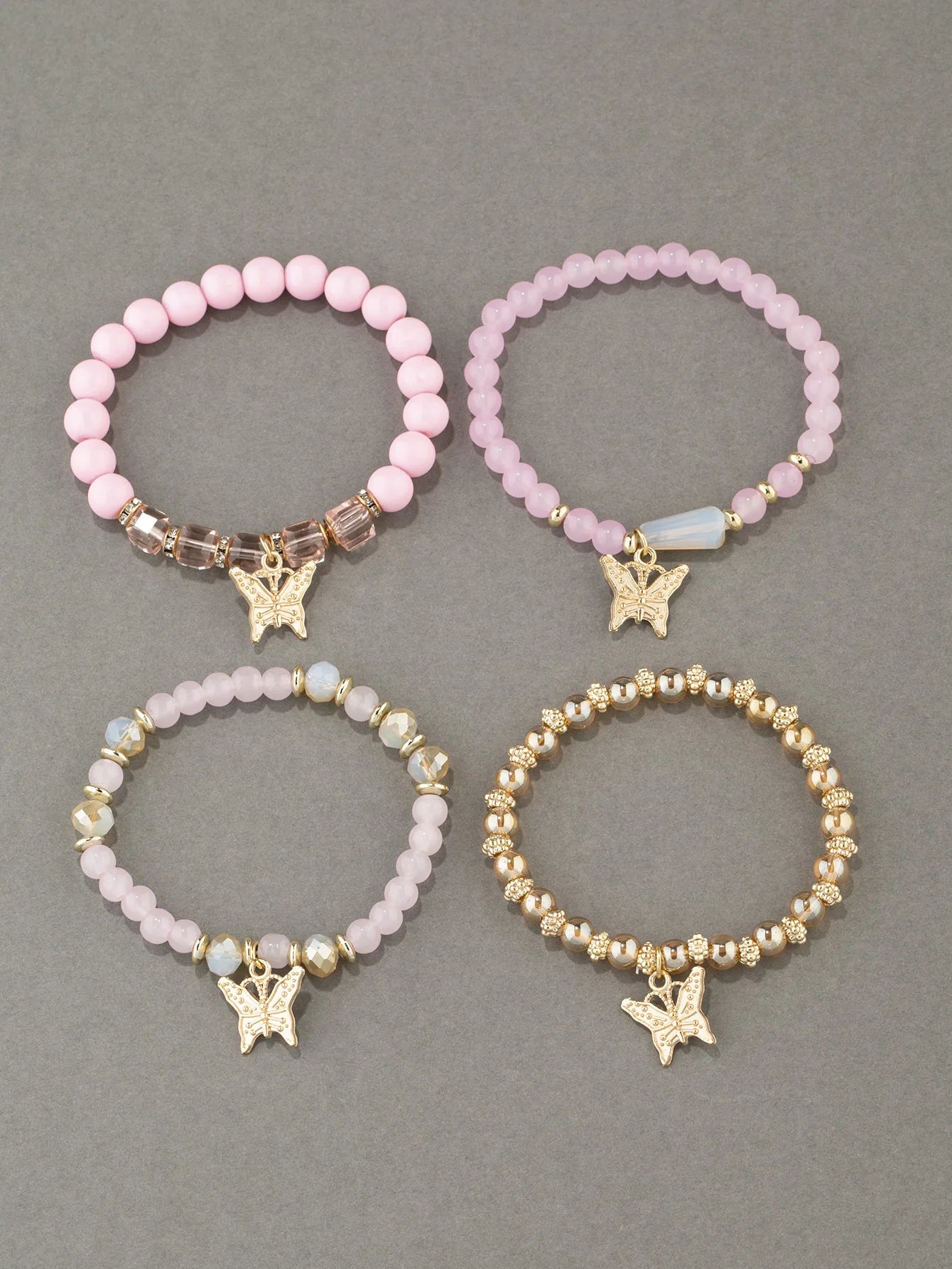 Ensemble de bracelets en perles papillon pour femmes, 4 pièces, tendance, perles acryliques roses, chaîne élastique, bohème, bijoux de fête, cadeau