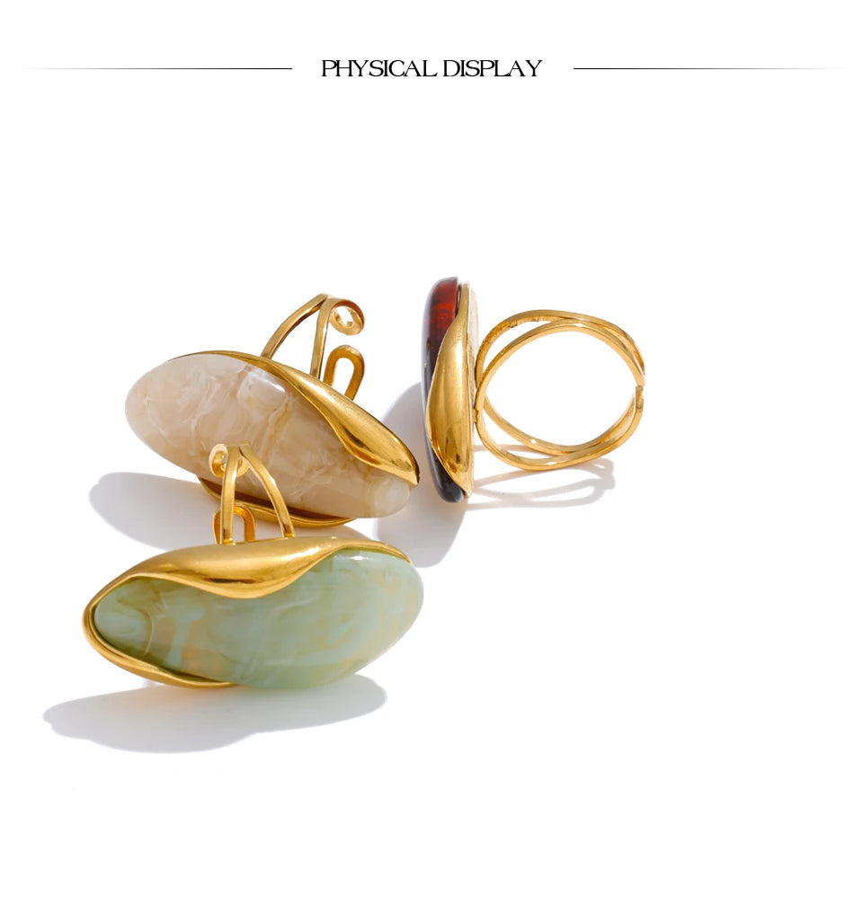 Yhpup nouveau Design marron vert Beige résine géométrique réglable anneau doré PVD acier inoxydable antirouille doigt bijoux cadeau
