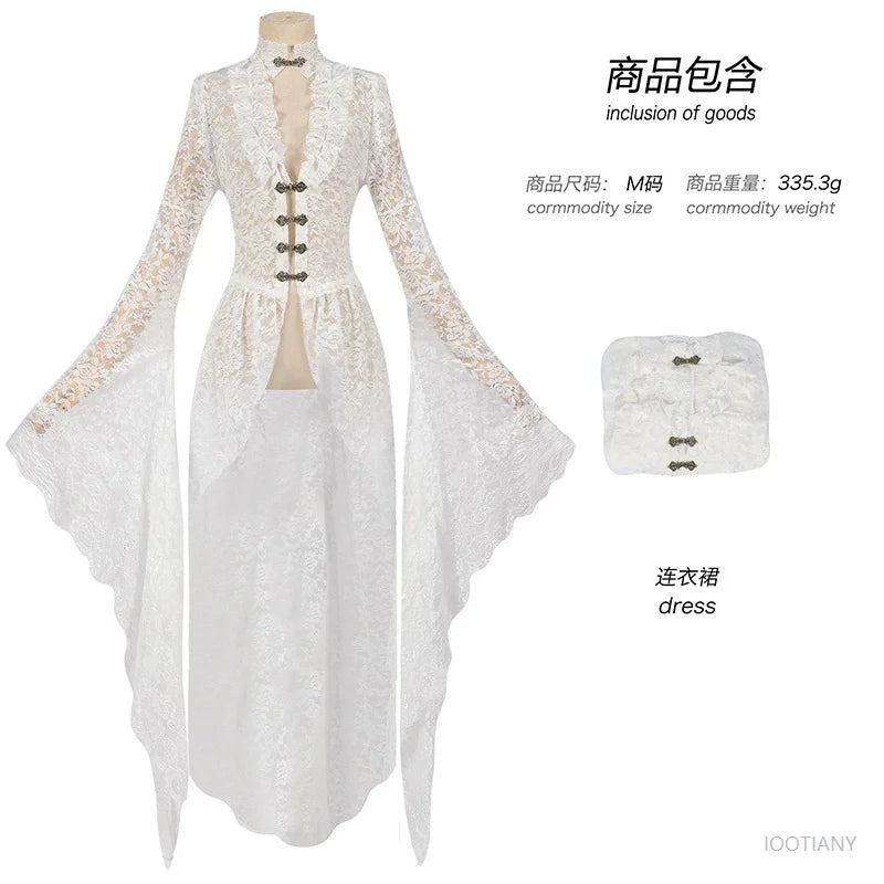Cardigan gothique en dentelle unie pour femmes, blanc, Vintage, manches trompette, médiéval, Cosplay pour adultes, manteau élégant à longue queue, robe de bal victorienne