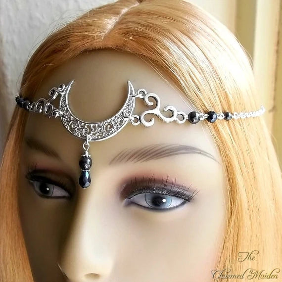 Coiffure Wicca Moon & Triskele, chaîne de tête gothique, cercle de lune, coiffure païenne, chaîne de tête Wiccan, sorcière, mariage Wicca, Goth