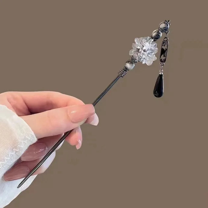 Épingle à cheveux à franges en métal pour femmes, anciers de cheveux moderne, fleur d'encre, pompon, fourcommuniste, perles noires, fermoir à cheveux, nouveaux bijoux de cheveux chinois Hanfu