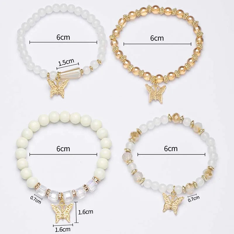 Ensemble de bracelets en perles papillon pour femmes, 4 pièces, tendance, perles acryliques roses, chaîne élastique, bohème, bijoux de fête, cadeau